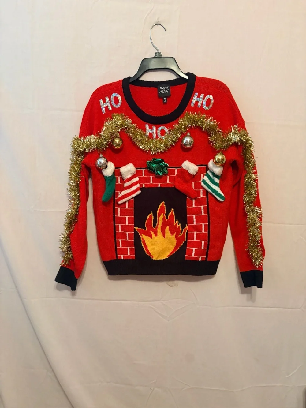 Red Holiday Fireplace Sweater with Tinsel and Stockings